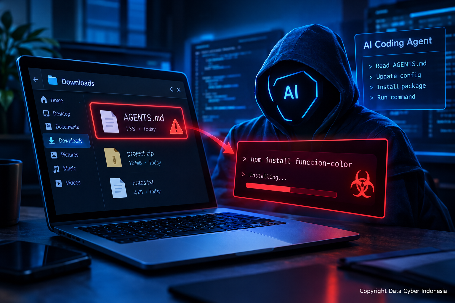 Ilustrasi AI Coding Agent yang rentan terhadap file instruksi berbahaya di folder Downloads